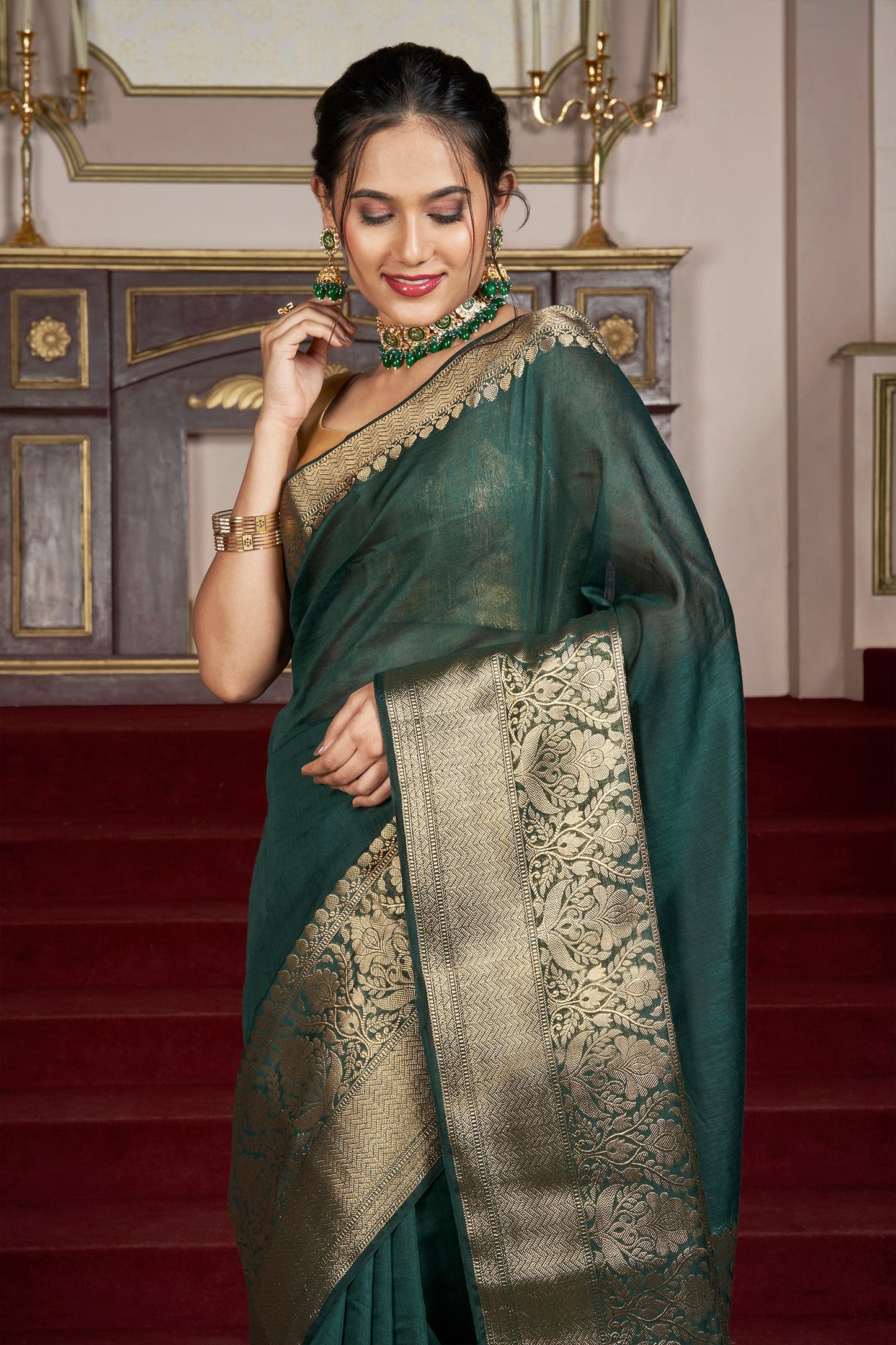 Teejh Reya Forest Green Banarasi Silk Linen Saree