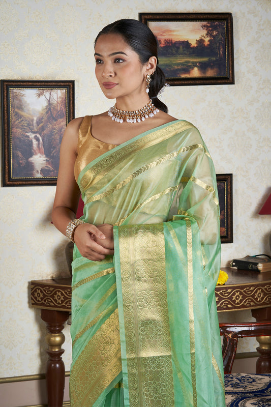 Teejh Haya Light Green Banarasi Semi Georgette Silk Saree