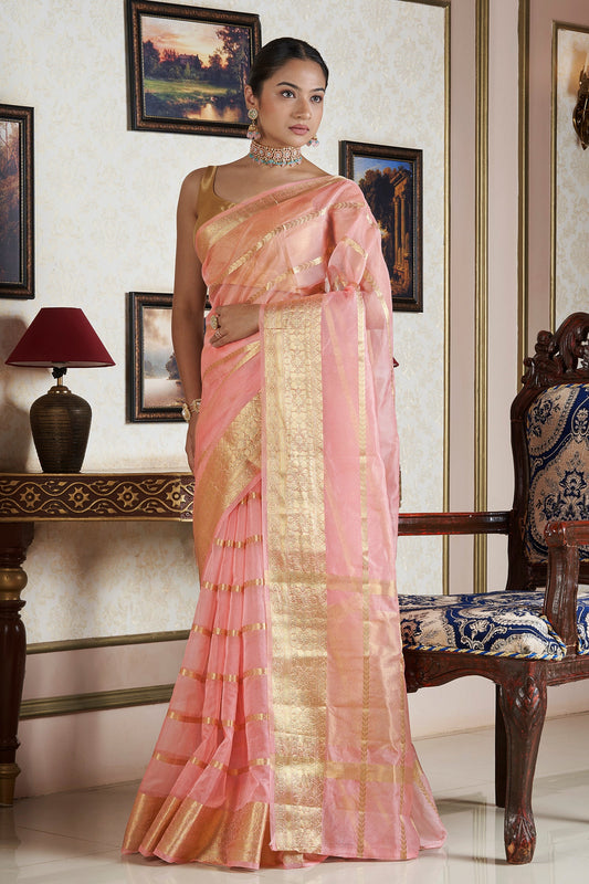 Teejh Gulab Pink Banarasi Semi Georgette Silk Saree