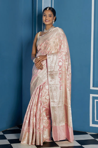 Teejh Viya Light Pink Banarasi Semi Georgette Jaal Weaving Saree