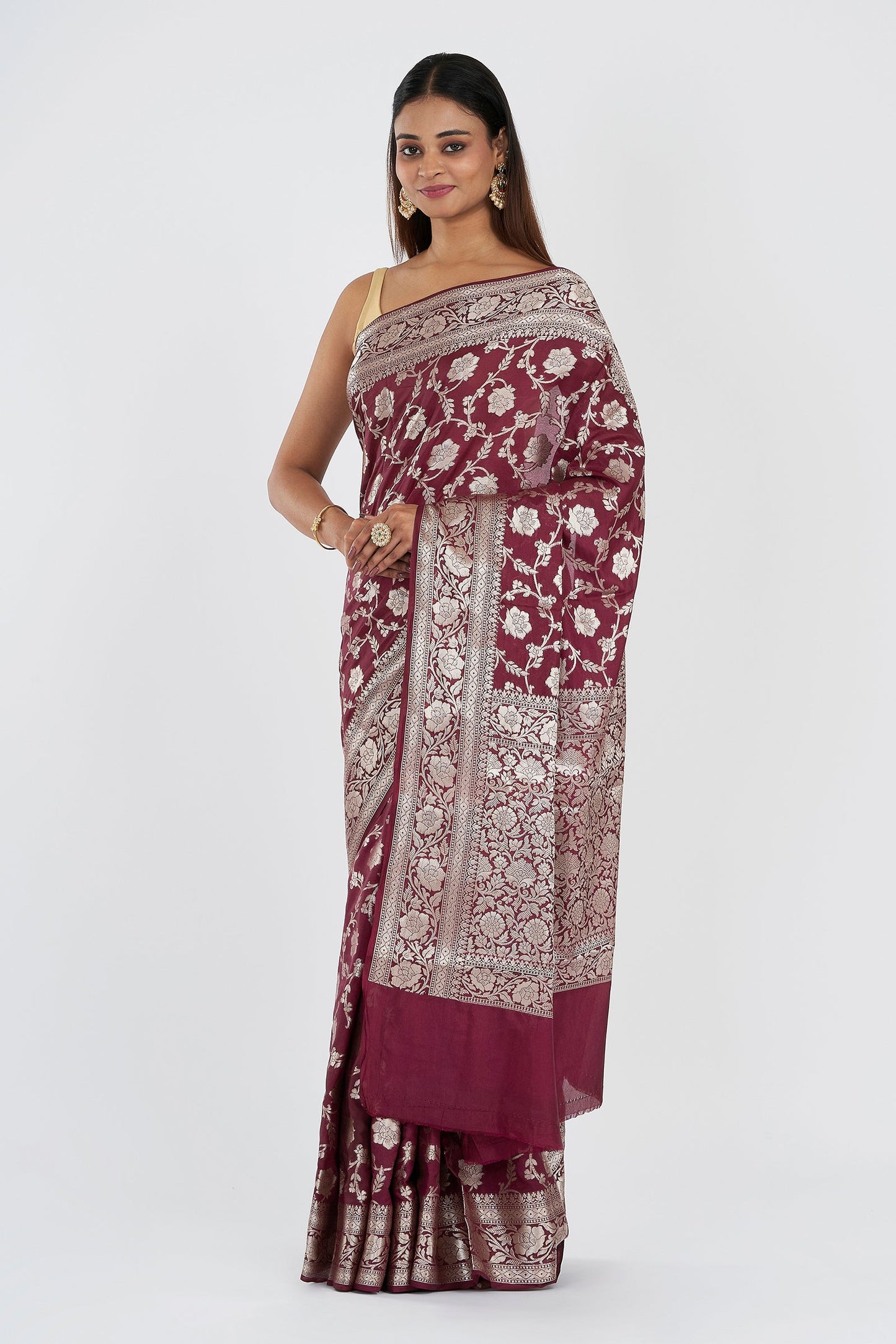 Teejh Sajna Wine Red Banarasi Semi Georgette Jaal Weaving Saree