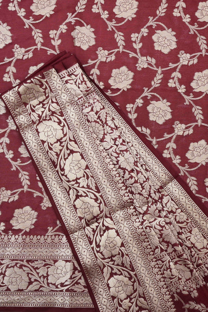 Teejh Sajna Wine Red Banarasi Semi Georgette Jaal Weaving Saree
