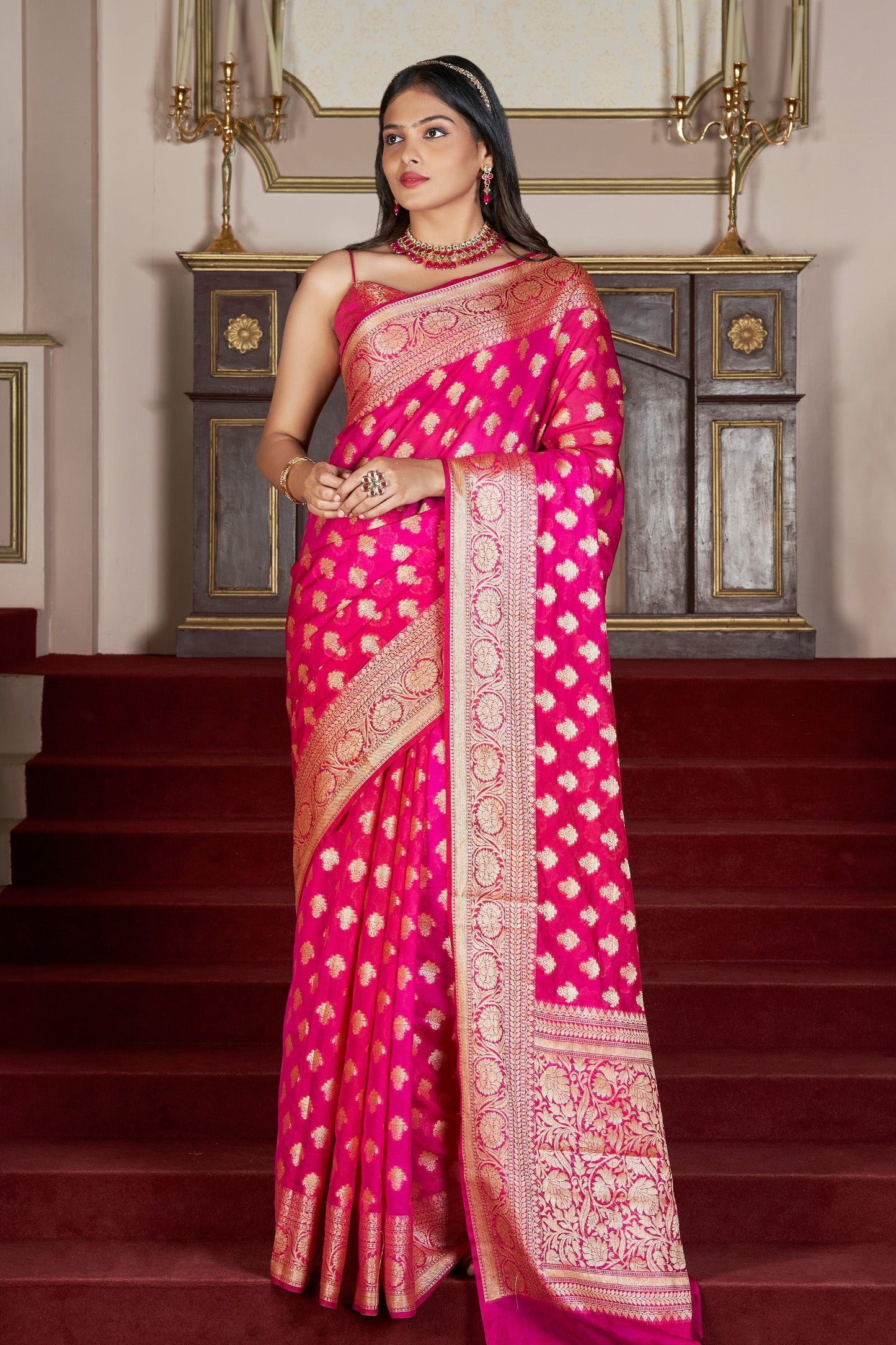 Teejh Yaasve Fuschia Pink Chiffon Silk Saree