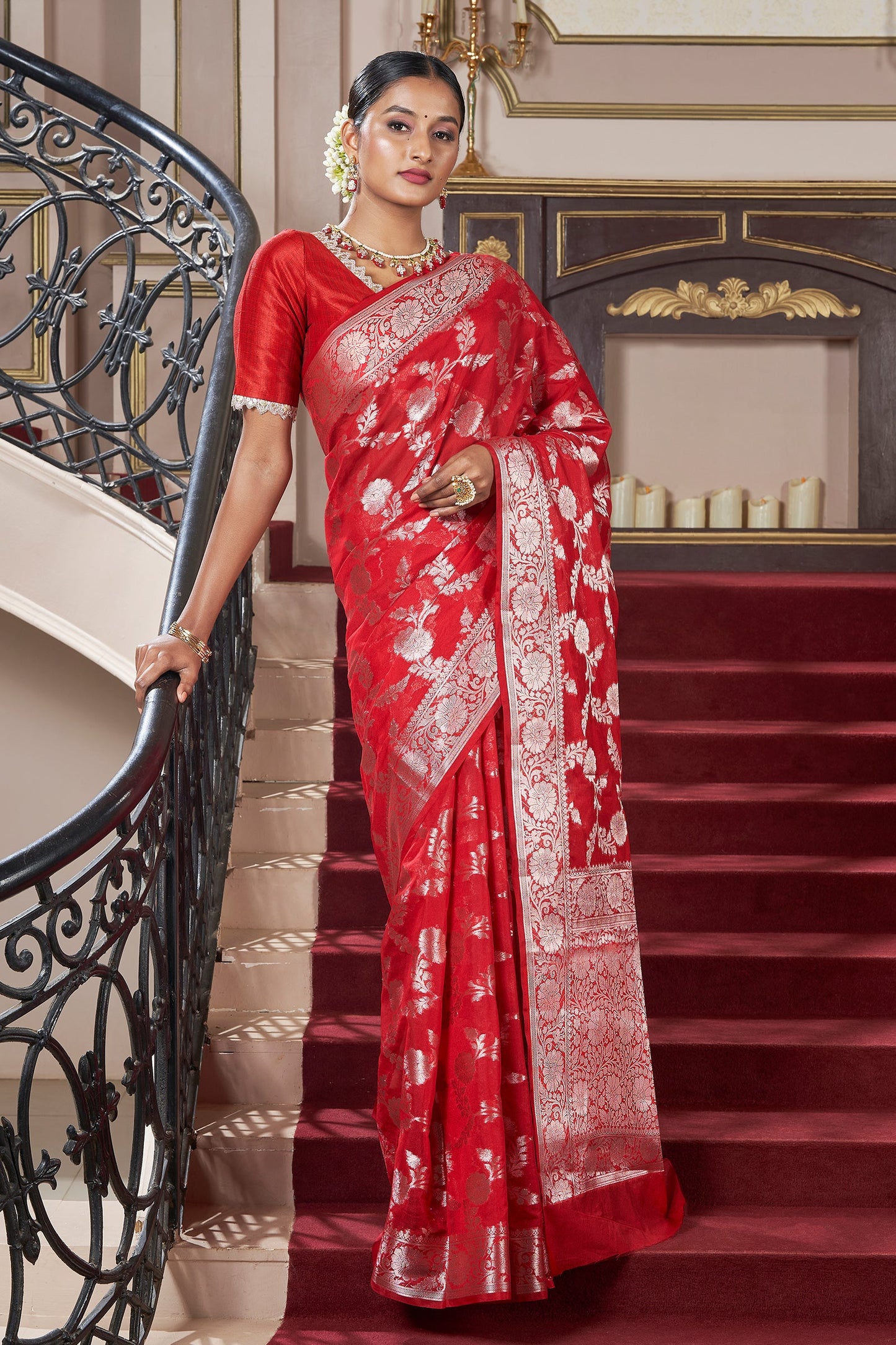 Teejh Manjula Red Banarasi Semi Georgette Silk Saree