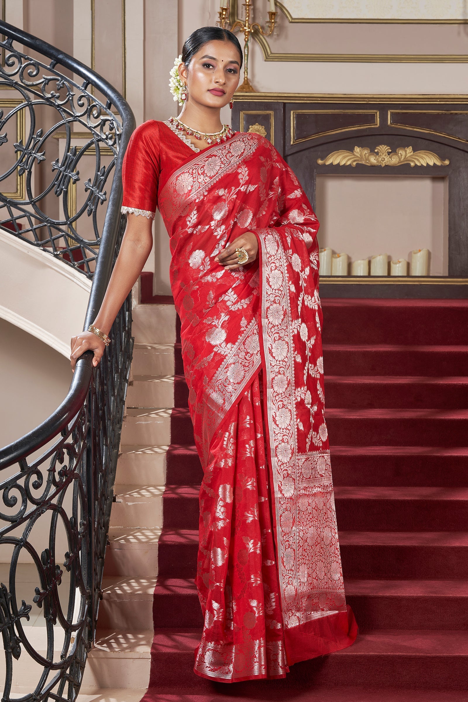 Teejh Manjula Red Banarasi Semi Georgette Silk Saree