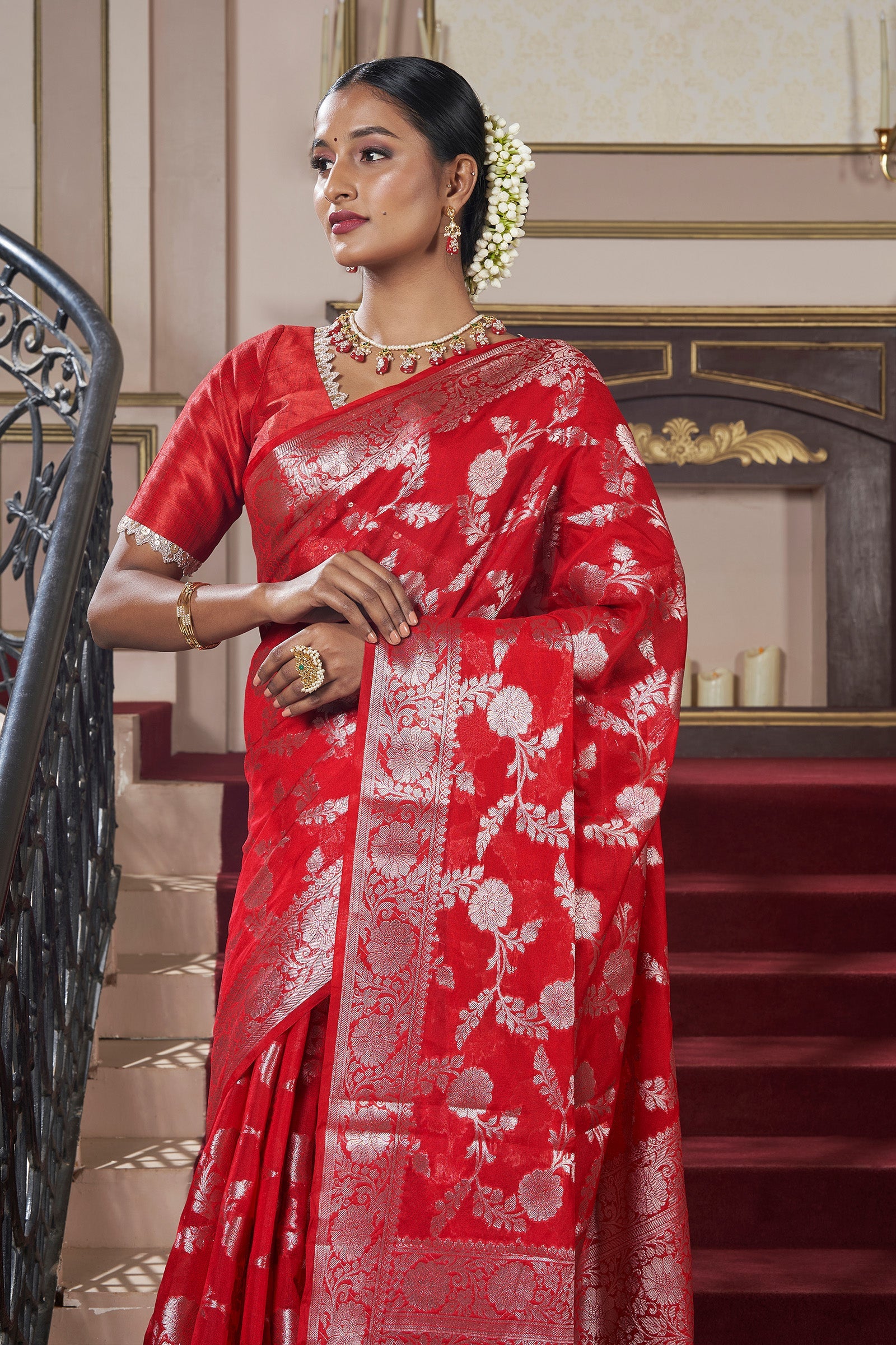 Teejh Manjula Red Banarasi Semi Georgette Silk Saree