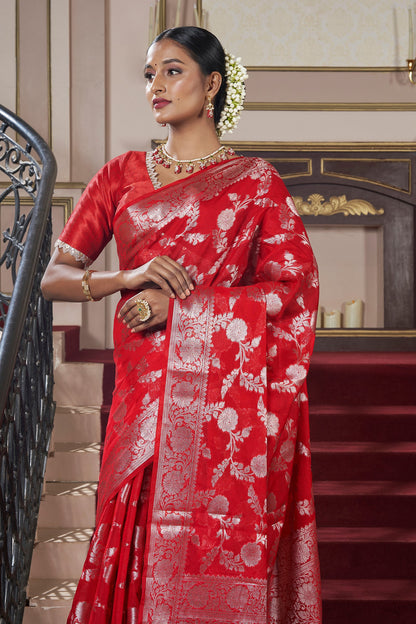 Teejh Manjula Red Banarasi Semi Georgette Silk Saree