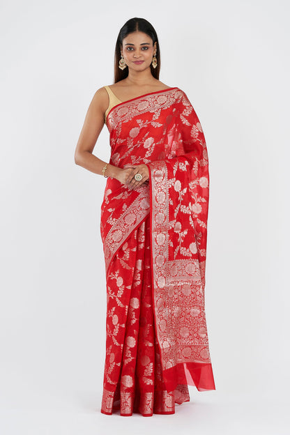 Teejh Manjula Red Banarasi Semi Georgette Silk Saree