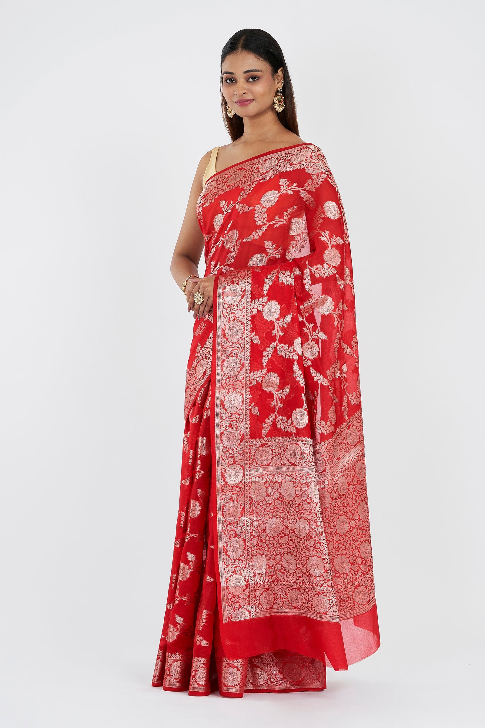 Teejh Manjula Red Banarasi Semi Georgette Silk Saree