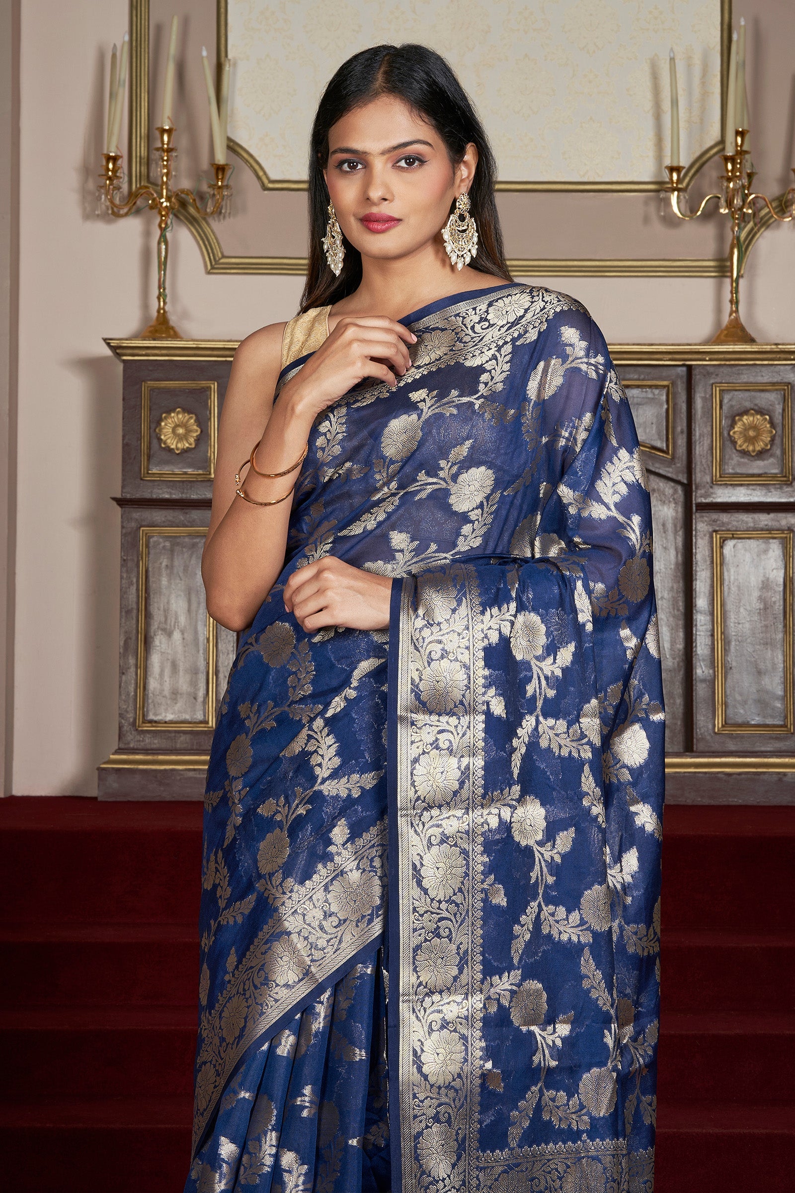 Teejh Shavya Navy Blue Banarasi Semi Georgette Silk Saree