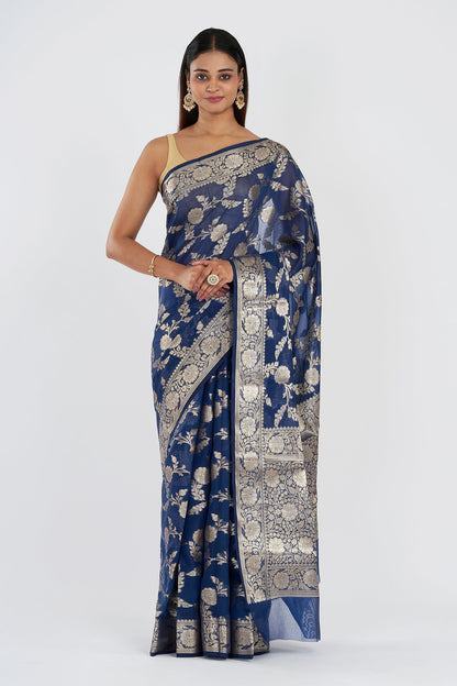 Teejh Shavya Navy Blue Banarasi Semi Georgette Silk Saree