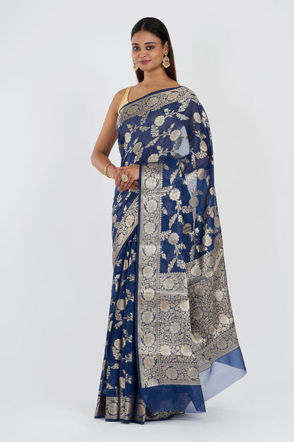 Teejh Shavya Navy Blue Banarasi Semi Georgette Silk Saree