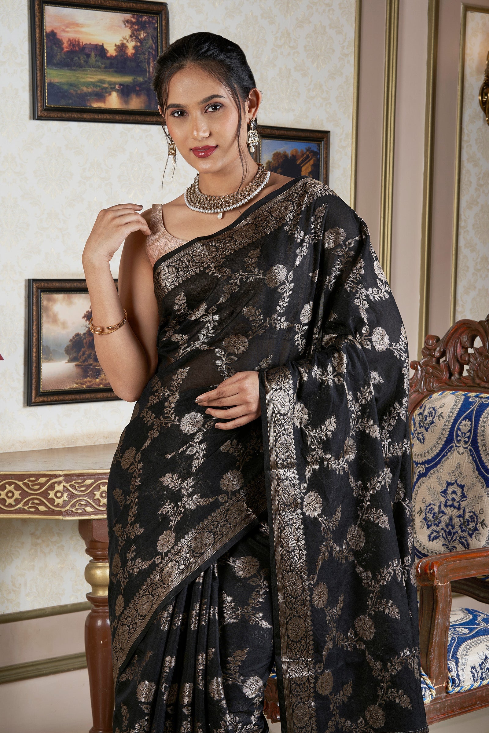 Teejh Jahnavi Black Banarasi Semi Georgette Silk Saree