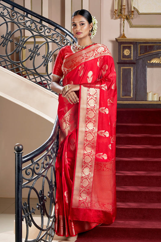 Teejh Shaya Red Banarasi Semi Chiffon Warm Silk Saree