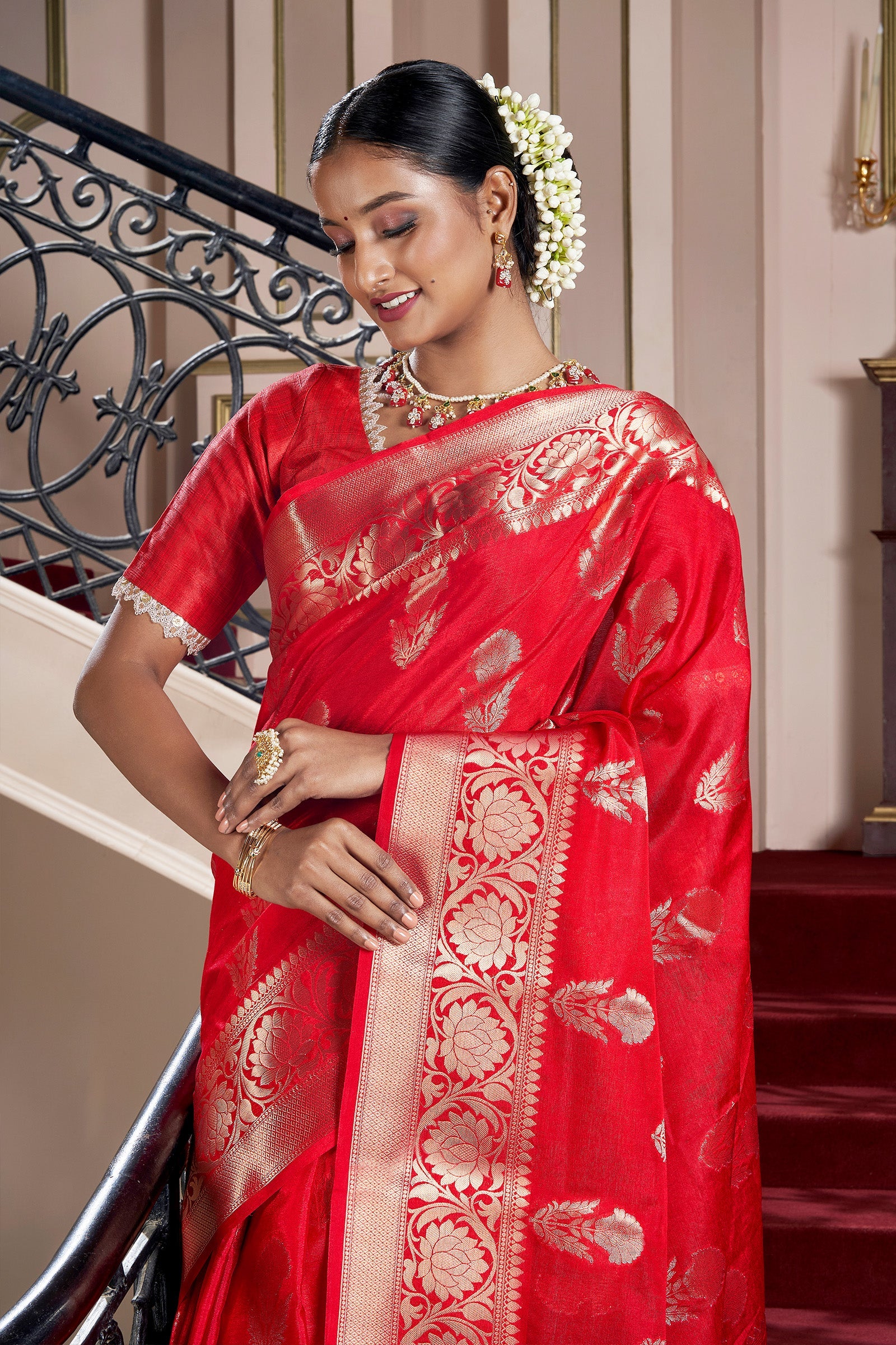 Teejh Shaya Red Banarasi Semi Chiffon Warm Silk Saree