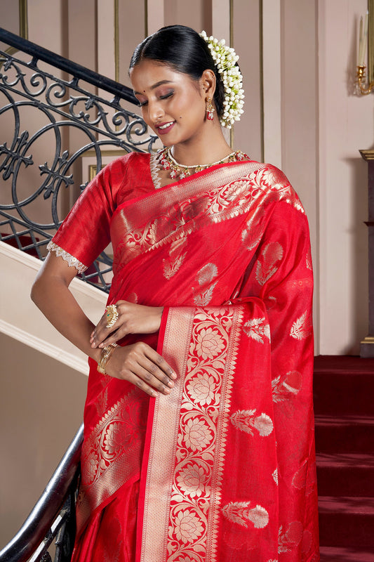 Teejh Shaya Red Banarasi Semi Chiffon Warm Silk Saree