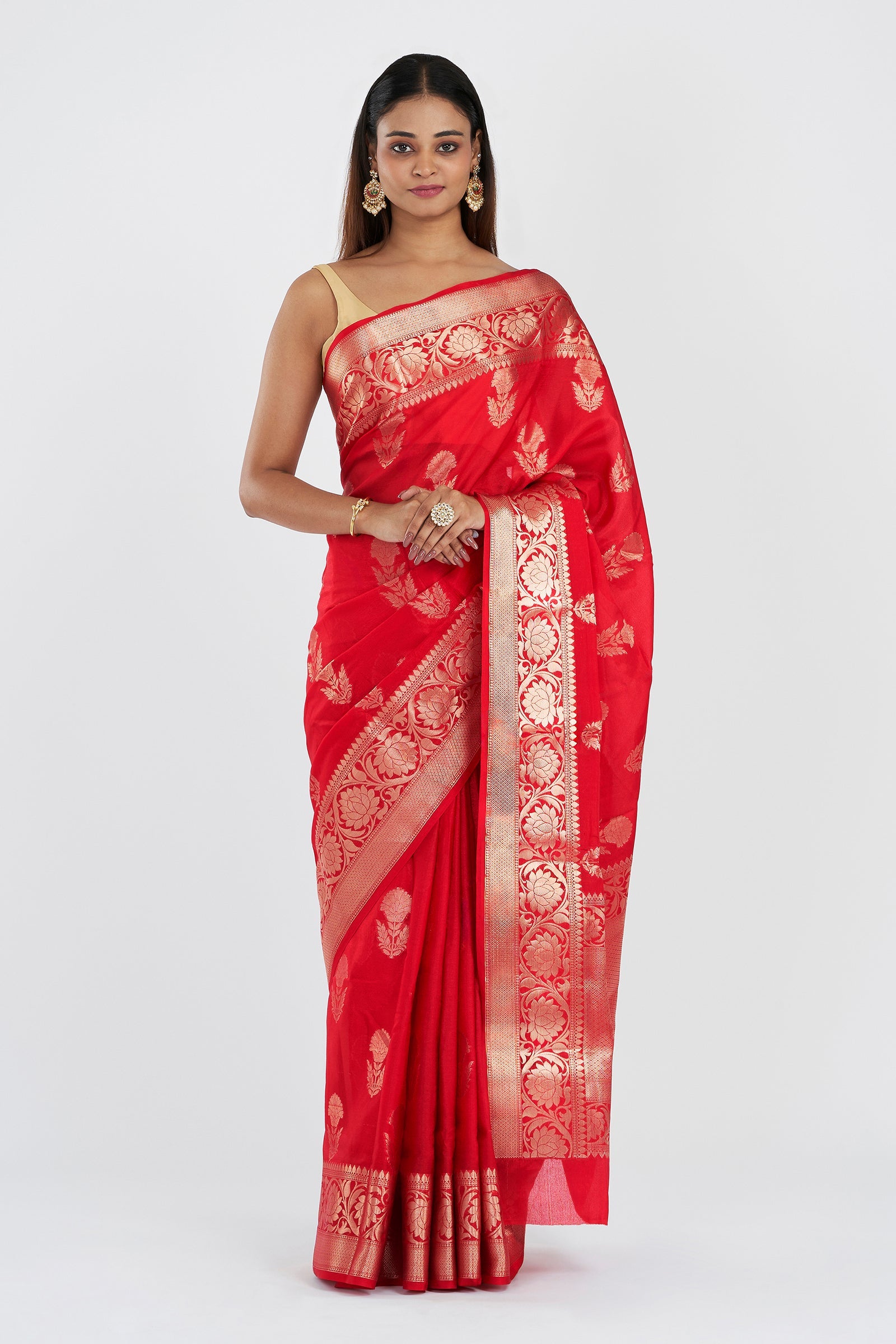 Teejh Shaya Red Banarasi Semi Chiffon Warm Silk Saree