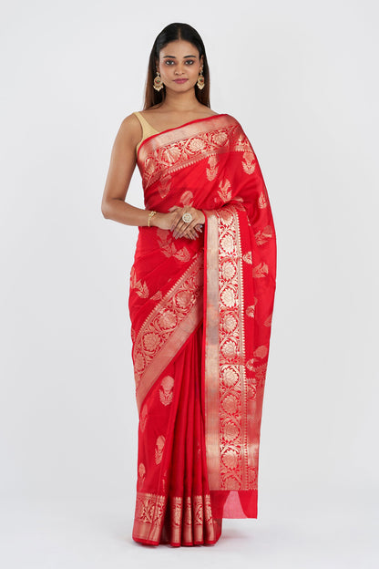 Teejh Shaya Red Banarasi Semi Chiffon Warm Silk Saree