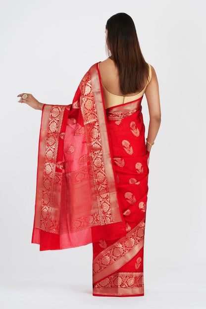 Teejh Shaya Red Banarasi Semi Chiffon Warm Silk Saree