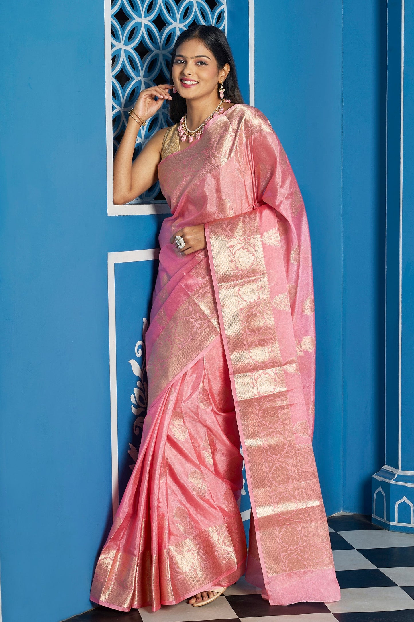Teejh Shreeti Pink Banarasi Semi Chiffon Warm Silk Saree