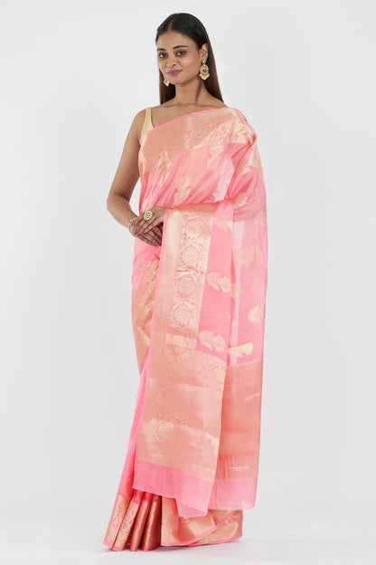 Teejh Shreeti Pink Banarasi Semi Chiffon Warm Silk Saree