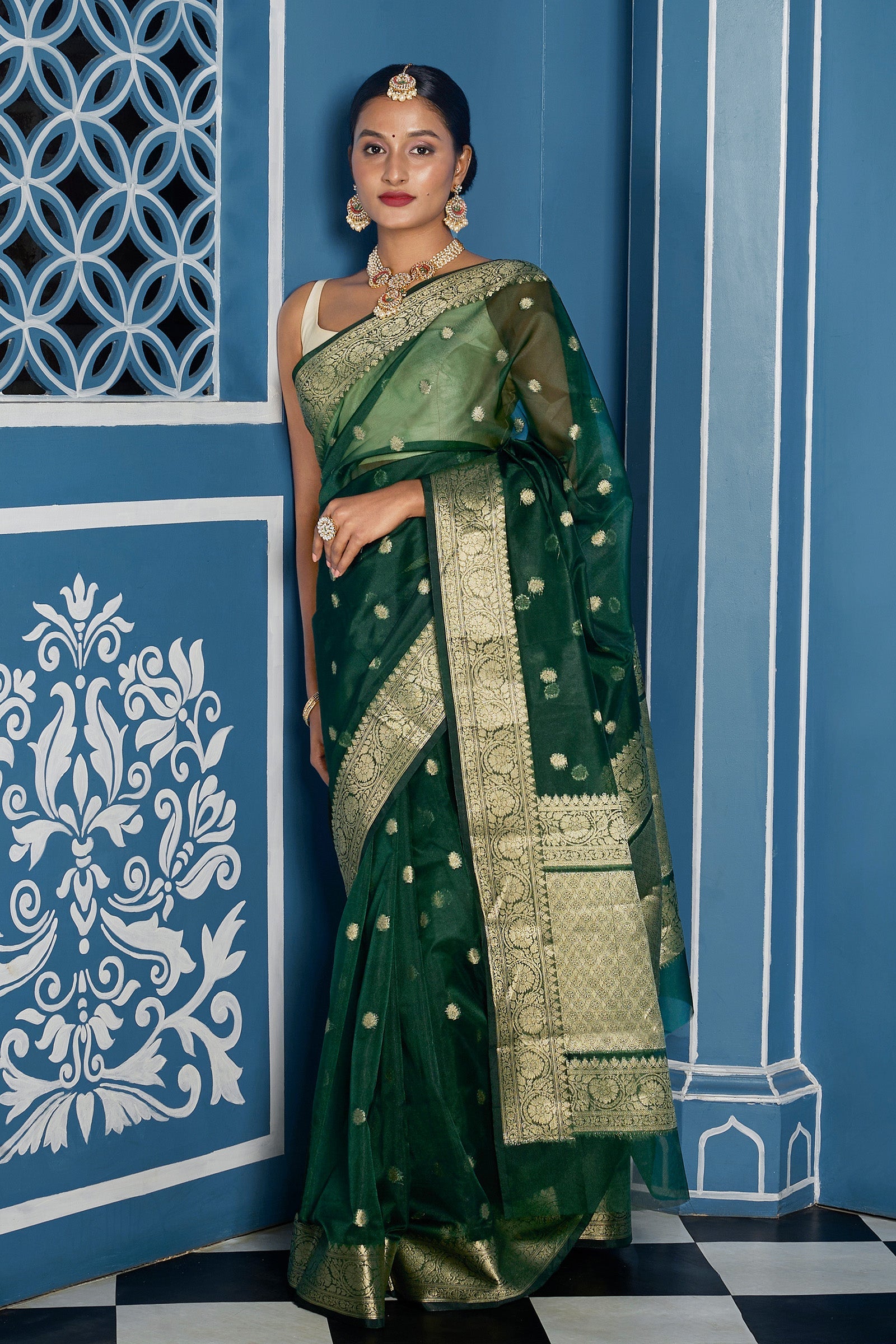 Teejh Suba Forest Green Banarasi Semi Kora Silk