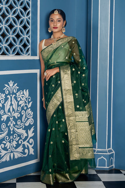 Teejh Suba Forest Green Banarasi Semi Kora Silk