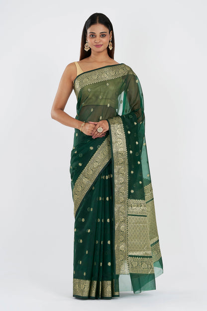 Teejh Suba Forest Green Banarasi Semi Kora Silk