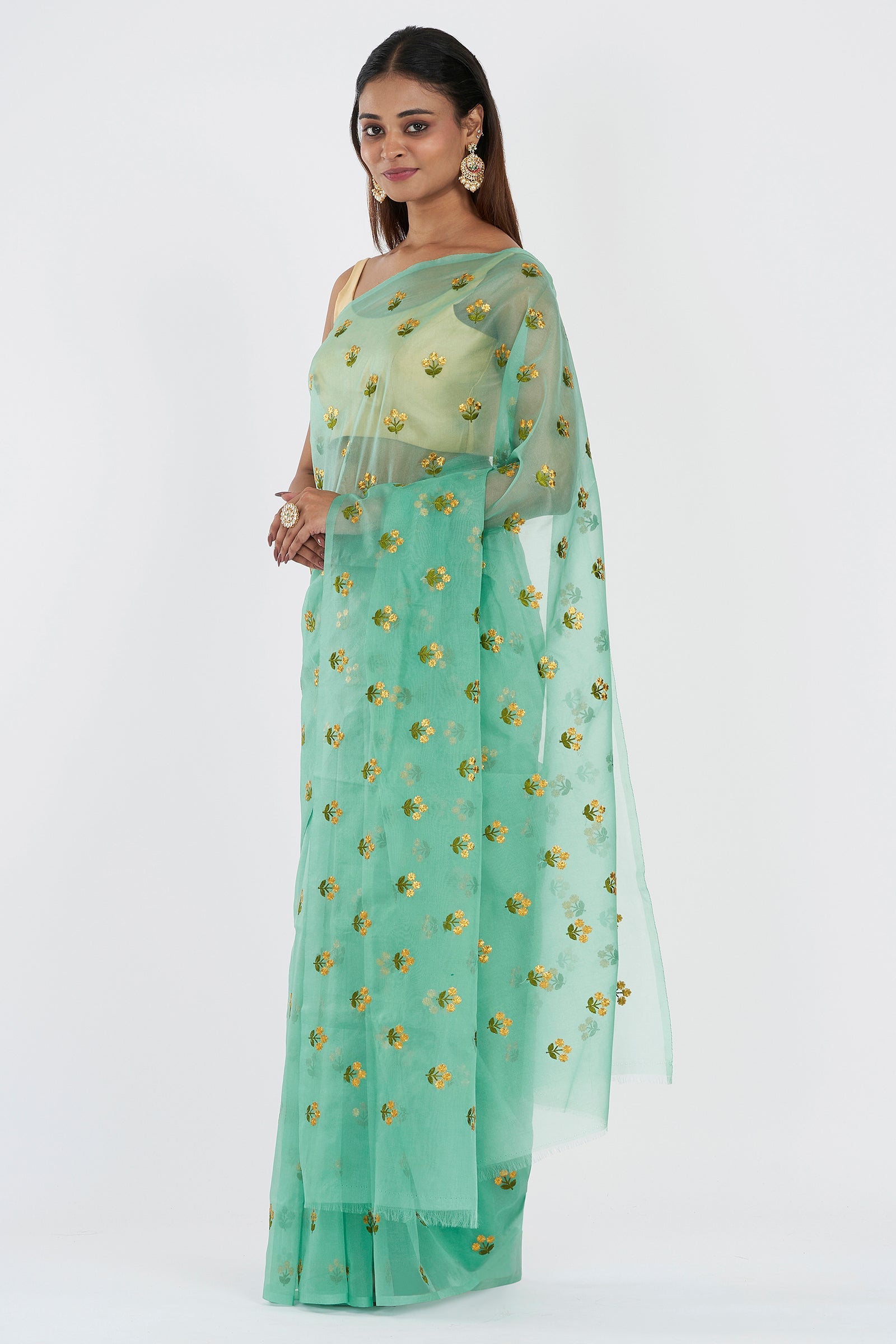 Teejh Nikita Turquoise Kora Organza Silk embroidery work Saree