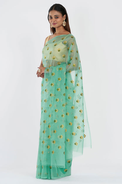 Teejh Nikita Turquoise Kora Organza Silk embroidery work Saree