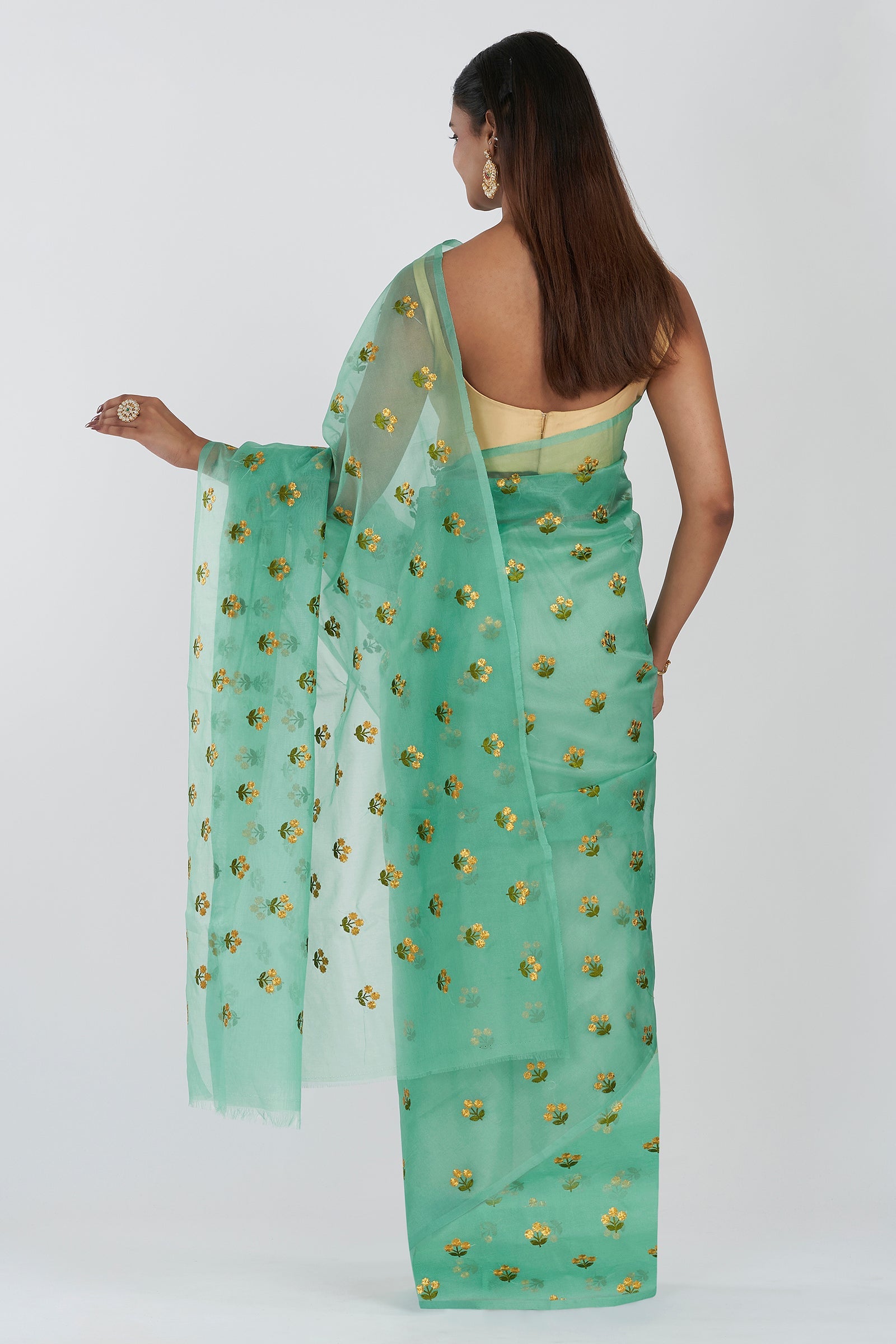 Teejh Nikita Turquoise Kora Organza Silk embroidery work Saree