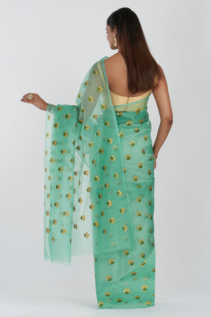 Teejh Nikita Turquoise Kora Organza Silk embroidery work Saree