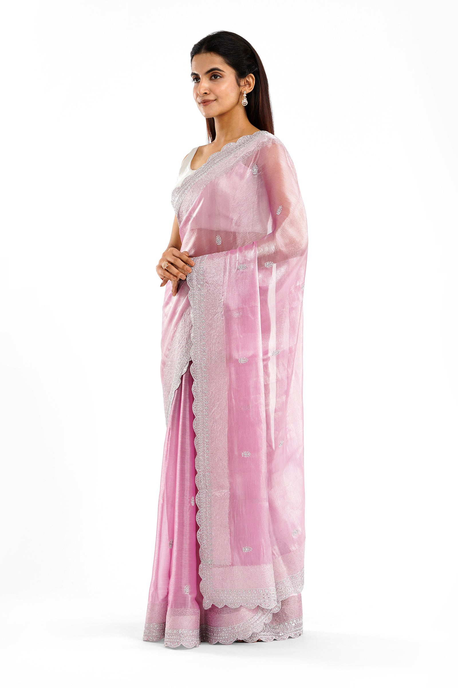 Teejh Geetanjali Onion Pink Shimmer Tissue Saree