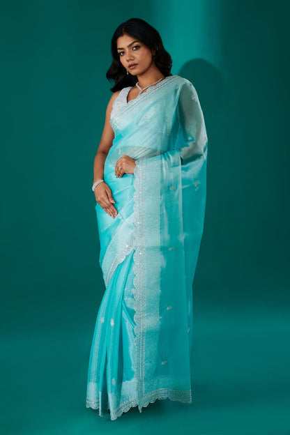 Teejh Geetanjali Blue Shimmer Tissue Saree