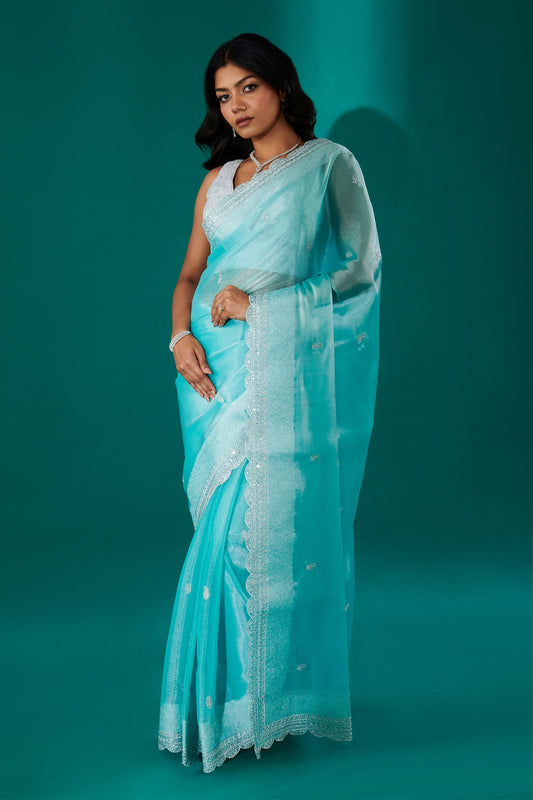 Teejh Geetanjali Blue Shimmer Tissue Saree