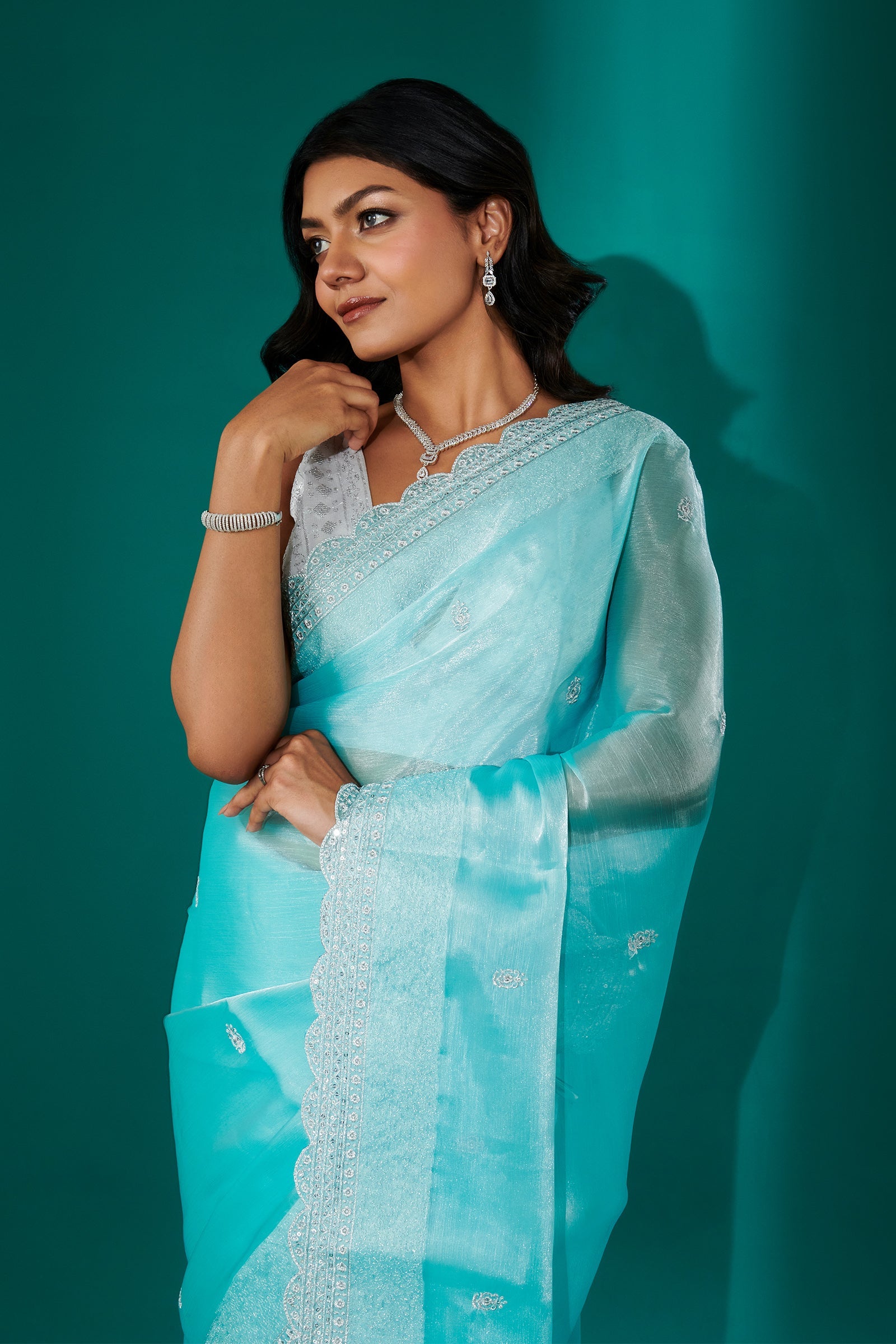 Teejh Geetanjali Blue Shimmer Tissue Saree