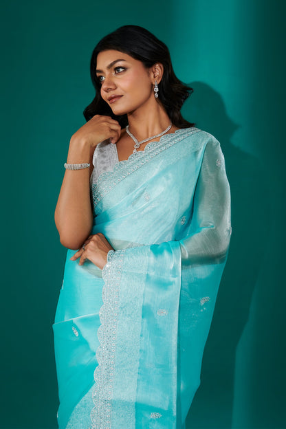Teejh Geetanjali Blue Shimmer Tissue Saree