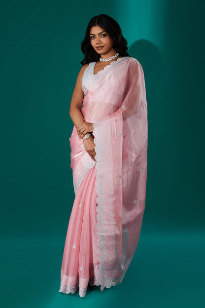 Teejh Geetanjali Pink Shimmer Tissue Saree