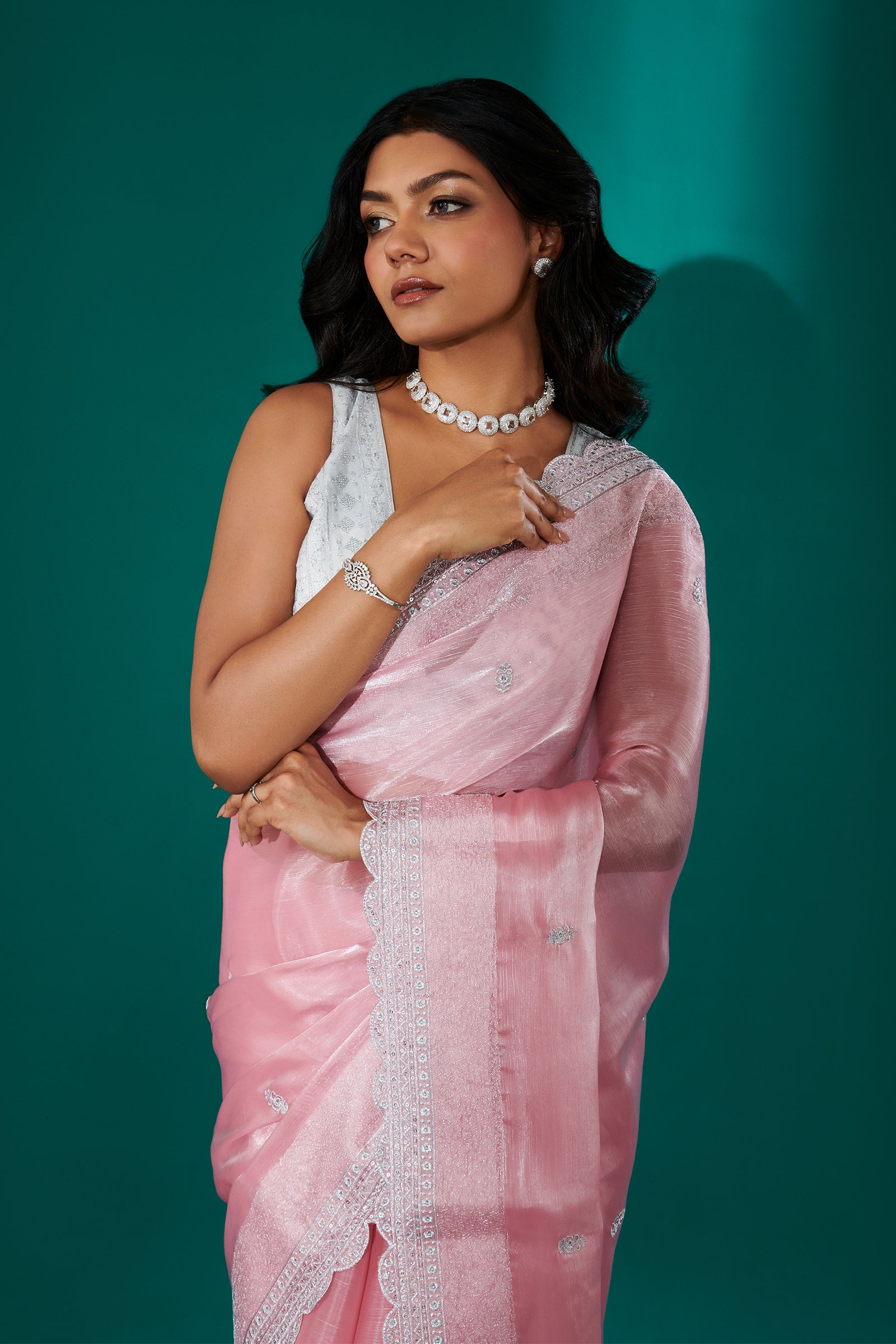 Teejh Geetanjali Pink Shimmer Tissue Saree