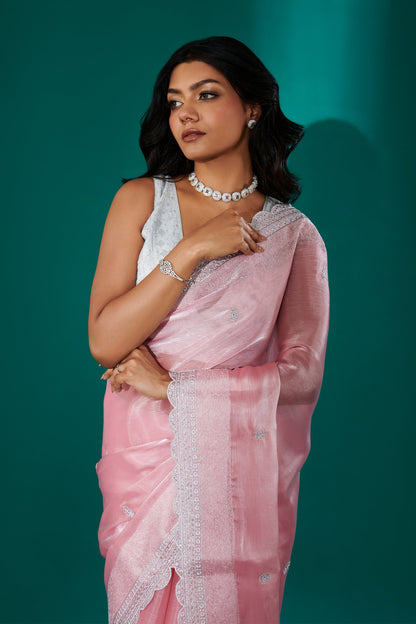 Teejh Geetanjali Pink Shimmer Tissue Saree