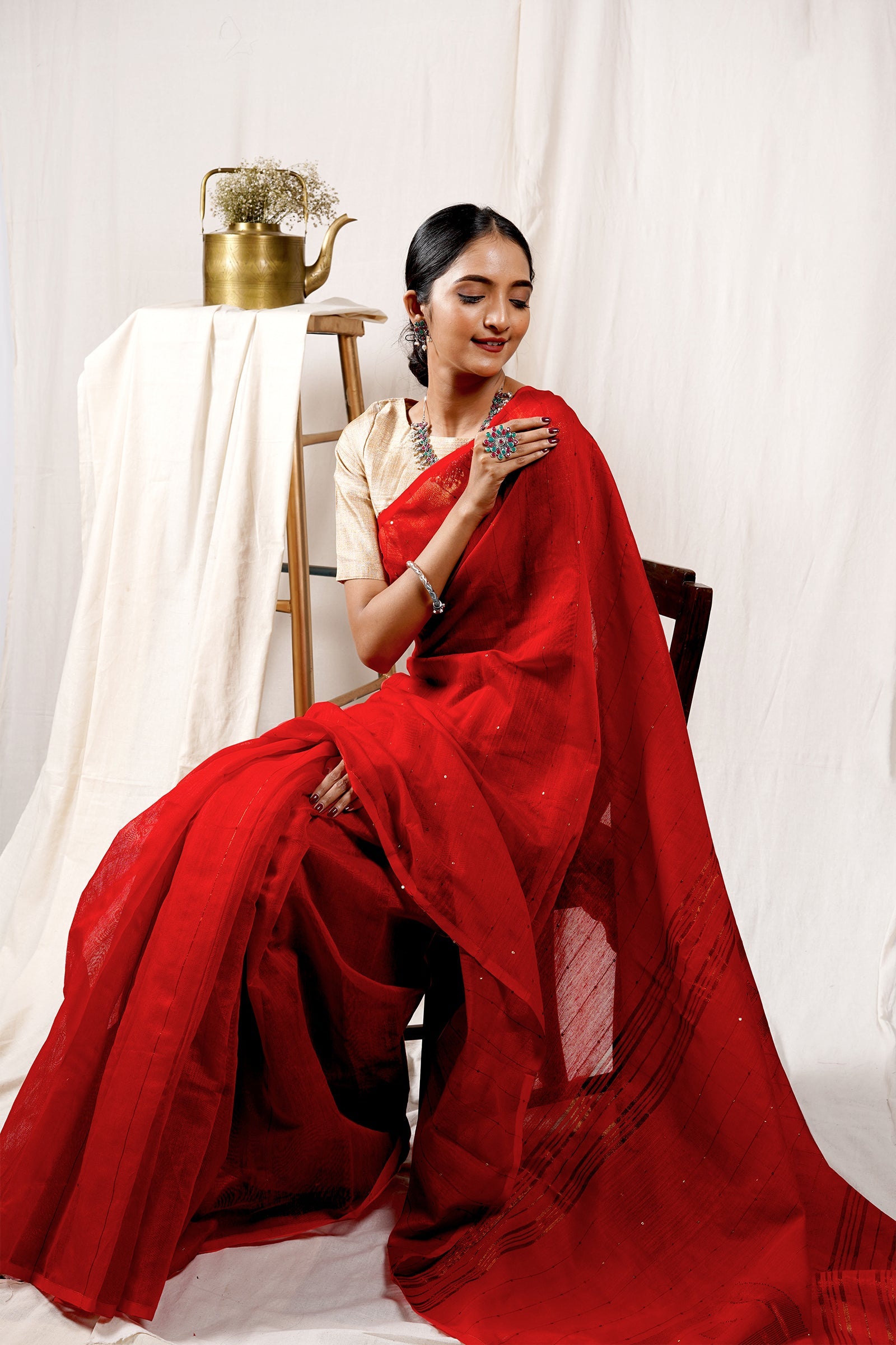Teejh Rosy Red Handloom Box Sequin Saree