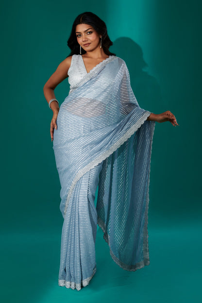 Teejh Saheeba Blue Chiffon Saree