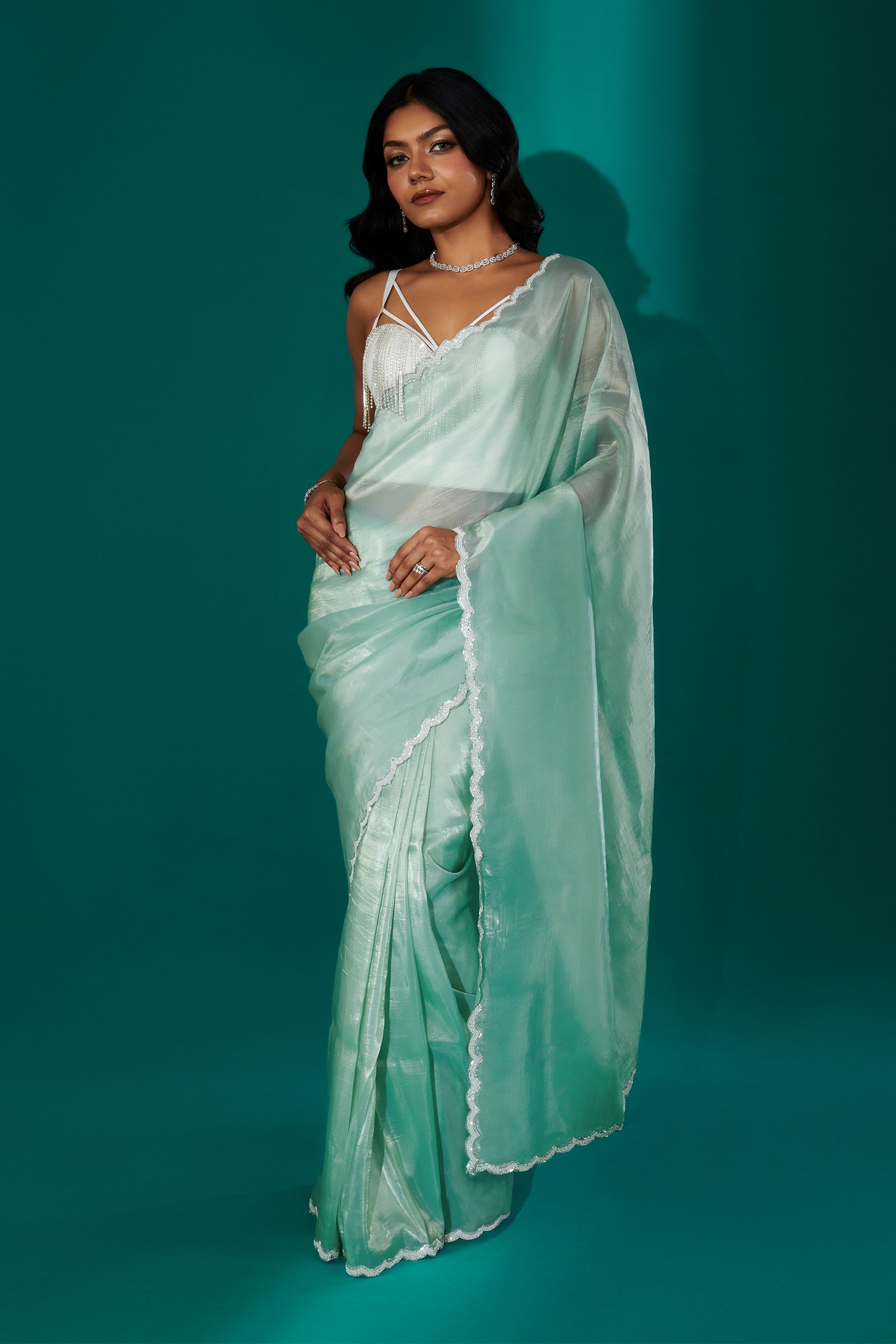 Teejh Kaanch Sky Blue Shimmer Tissue Saree