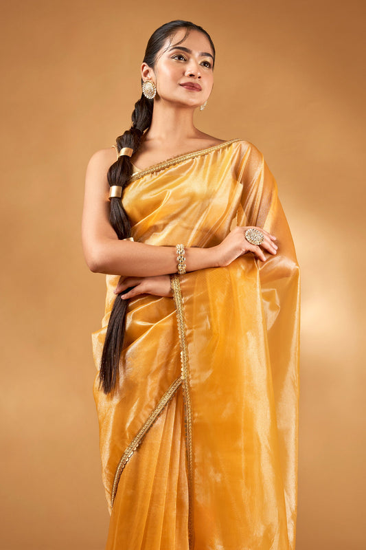 Teejh Iraja Mustard Yellow Net Saree