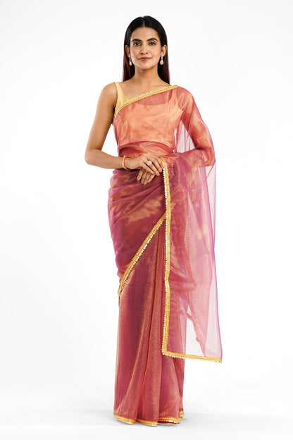 Teejh Iraja Golden Burgundy Net Saree