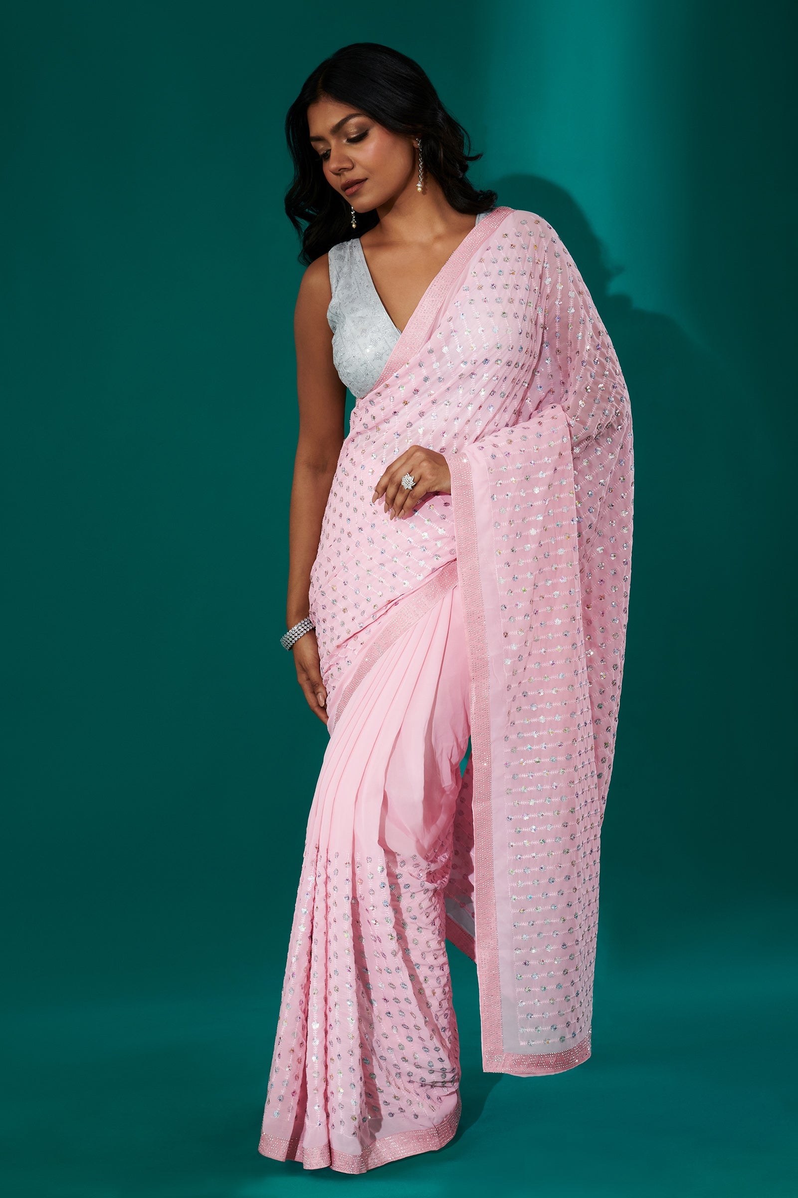 Teejh Ujwal Baby Pink Georgette Saree