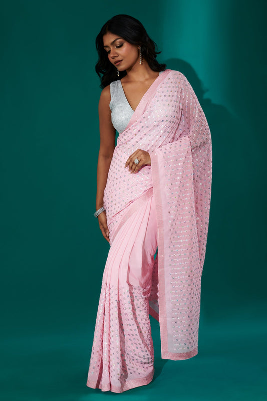 Teejh Ujwal Baby Pink Georgette Saree