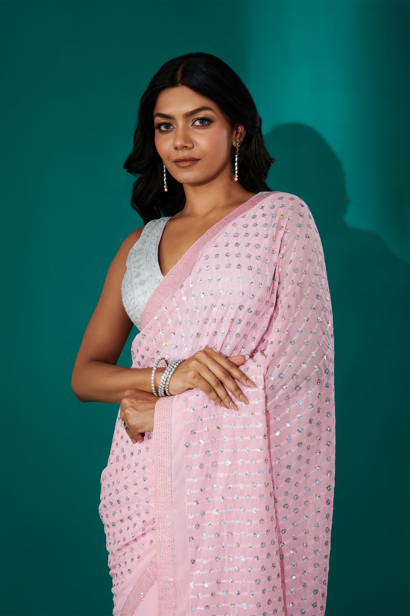 Teejh Ujwal Baby Pink Georgette Saree