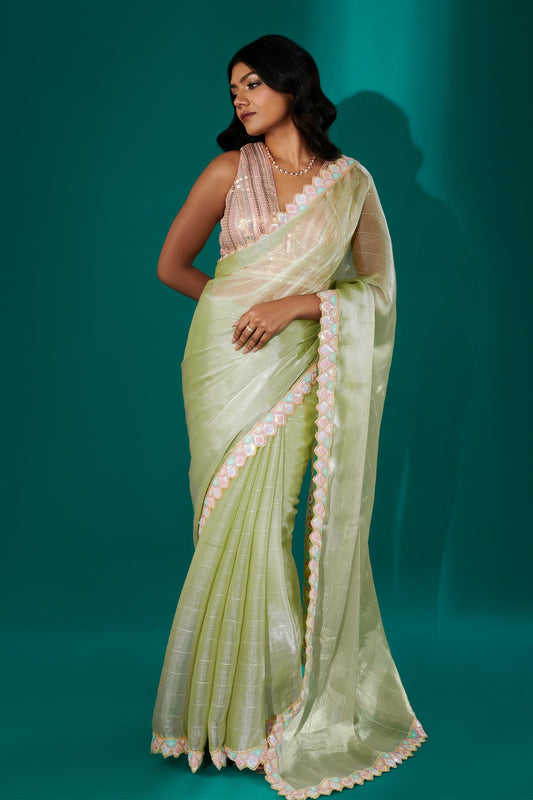 Teejh Rangeen Green Shimmer Tissue Saree