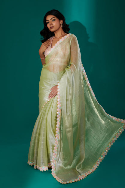 Teejh Rangeen Green Shimmer Tissue Saree